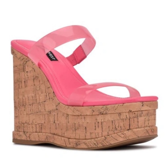 Nine West Rapps Pink Platform Faux Cork Wedge Sandal Size 8.5 - Picture 1 of 9